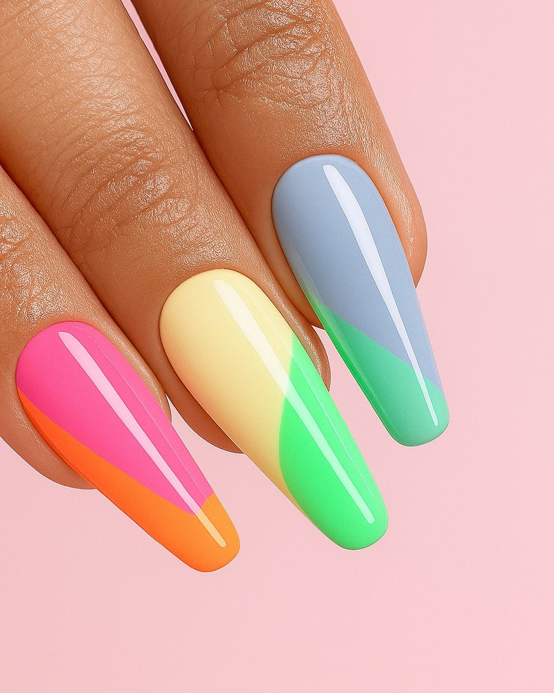 Close-up of pastel and neon swirl gel manicure with glossy finish